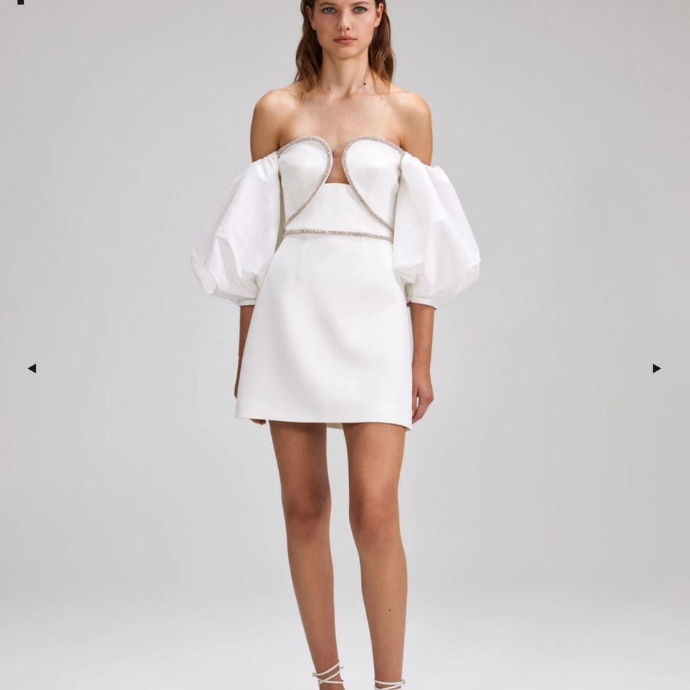 BRAND NEW Self-Portrait White Bonded Crepe Puff Sleeve Mini Dress